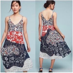 Maeve Anthropologie Isa Mixed Media Pleated Lace Red White & Blue Midi Dress